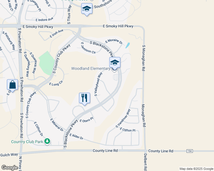 map of restaurants, bars, coffee shops, grocery stores, and more near 27554 East Canyon Place in Aurora