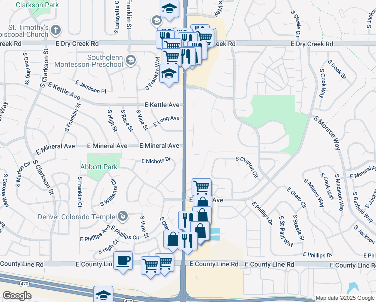 map of restaurants, bars, coffee shops, grocery stores, and more near 7940 South University Boulevard in Centennial
