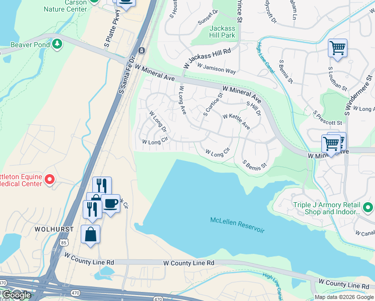 map of restaurants, bars, coffee shops, grocery stores, and more near 2822 West Long Drive in Littleton