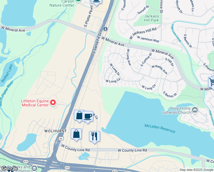 map of restaurants, bars, coffee shops, grocery stores, and more near 2886 West Long Circle in Littleton