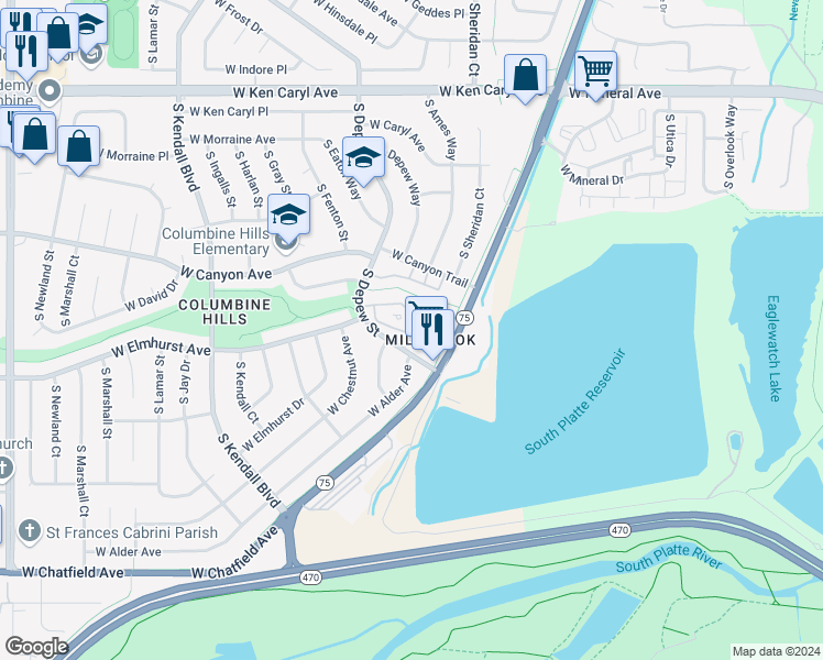 map of restaurants, bars, coffee shops, grocery stores, and more near 7934 South Depew Street in Littleton