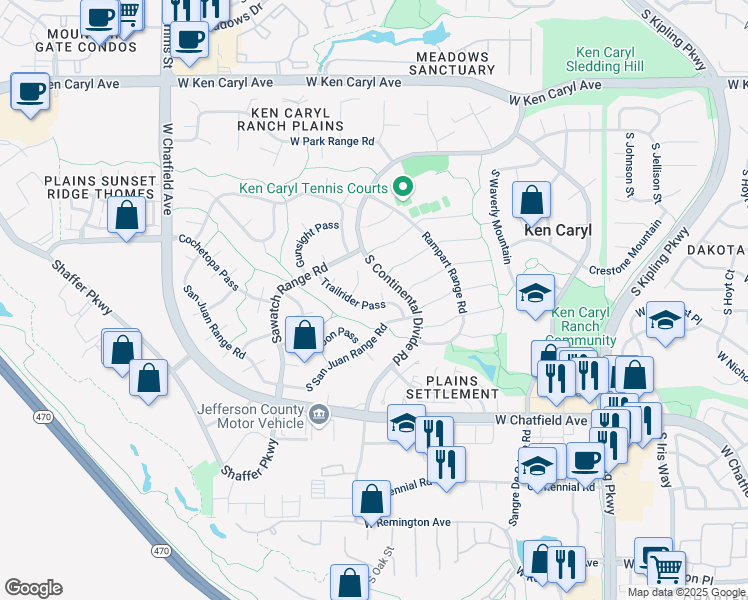 map of restaurants, bars, coffee shops, grocery stores, and more near 10822 Trailrider Pass in Littleton