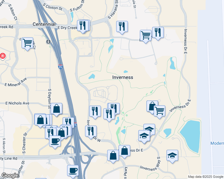 map of restaurants, bars, coffee shops, grocery stores, and more near 10295 Taliesin Drive in Englewood