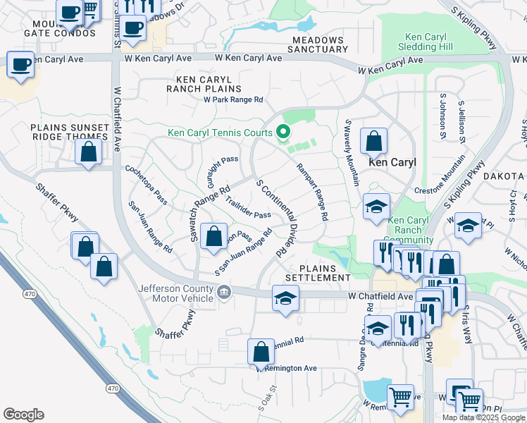 map of restaurants, bars, coffee shops, grocery stores, and more near 10822 Trailrider Pass in Littleton