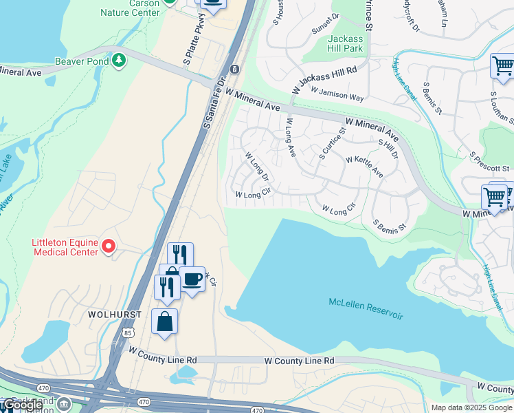 map of restaurants, bars, coffee shops, grocery stores, and more near 2882 West Long Circle in Littleton
