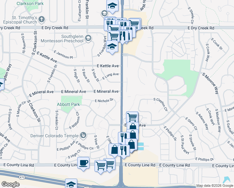 map of restaurants, bars, coffee shops, grocery stores, and more near 2267 East Nichols Drive in Centennial
