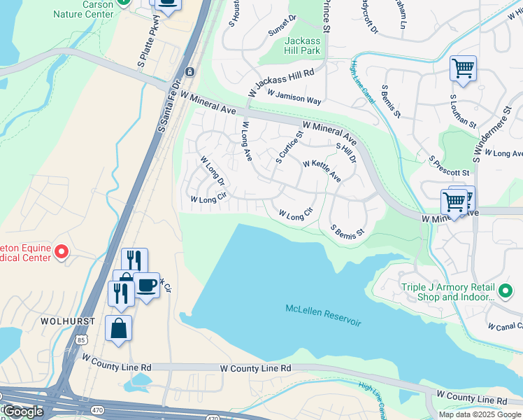 map of restaurants, bars, coffee shops, grocery stores, and more near 2812 West Long Drive in Littleton