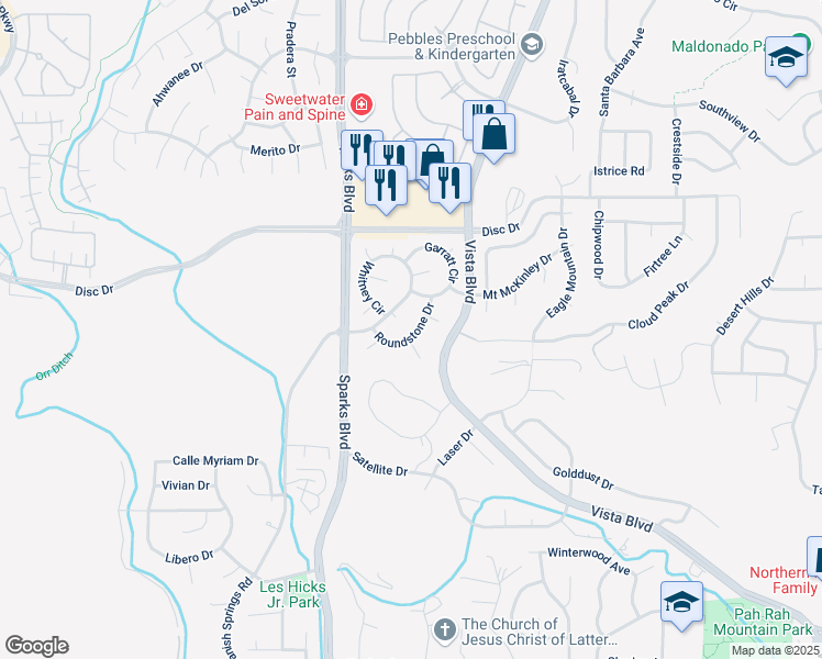 map of restaurants, bars, coffee shops, grocery stores, and more near 4347 Roundstone Court in Sparks