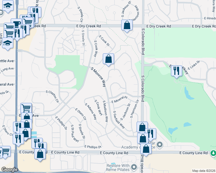 map of restaurants, bars, coffee shops, grocery stores, and more near 7966 South Madison Way in Centennial