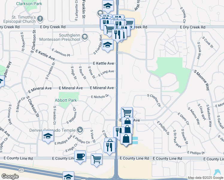 map of restaurants, bars, coffee shops, grocery stores, and more near 2267 East Nichols Drive in Centennial