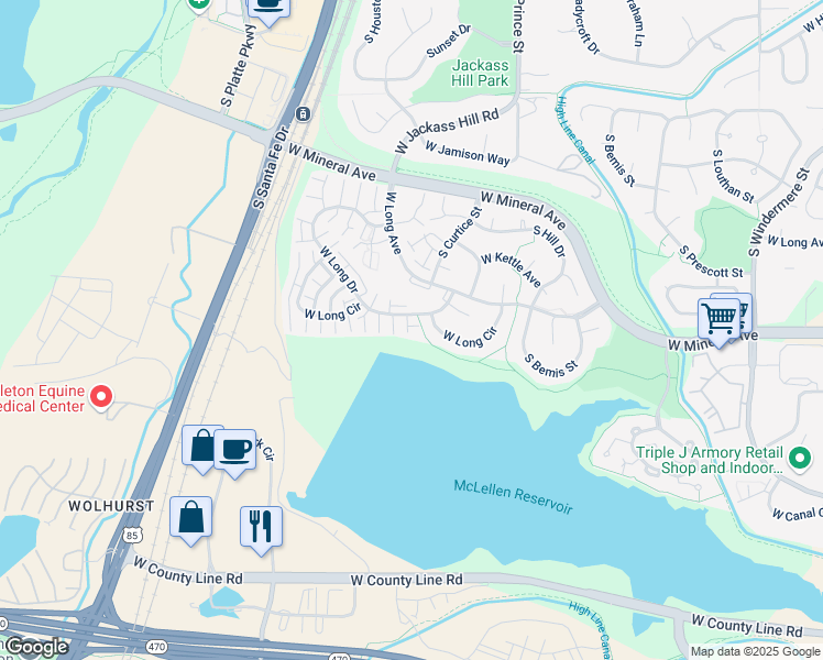 map of restaurants, bars, coffee shops, grocery stores, and more near 2822 West Long Drive in Littleton