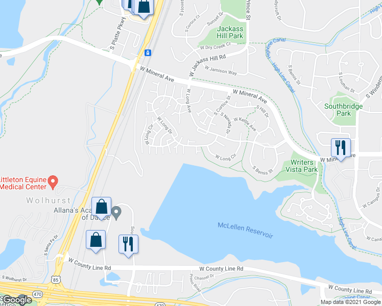 map of restaurants, bars, coffee shops, grocery stores, and more near 2822 West Long Drive in Littleton