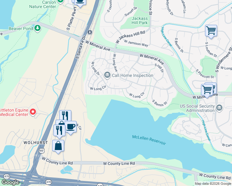 map of restaurants, bars, coffee shops, grocery stores, and more near 2832 West Long Drive in Littleton