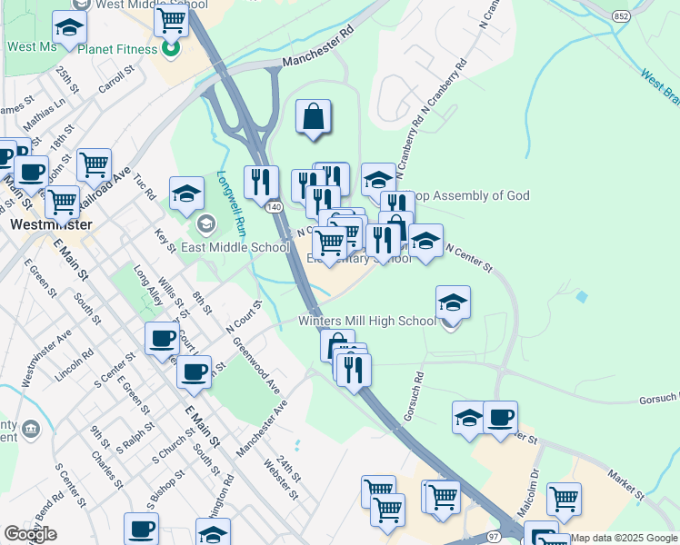 map of restaurants, bars, coffee shops, grocery stores, and more near 405 North Center Street in Westminster