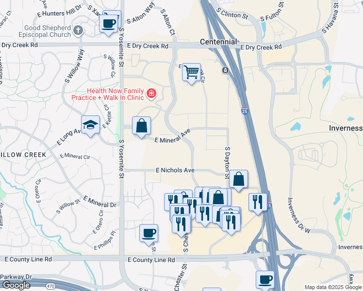 map of restaurants, bars, coffee shops, grocery stores, and more near 7917-7999 S Chester St in Centennial