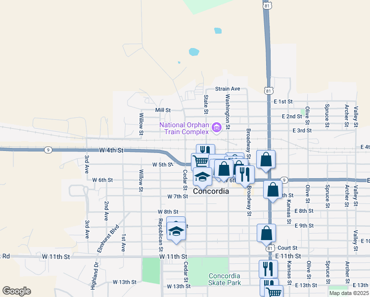 map of restaurants, bars, coffee shops, grocery stores, and more near Cedar Street in Concordia