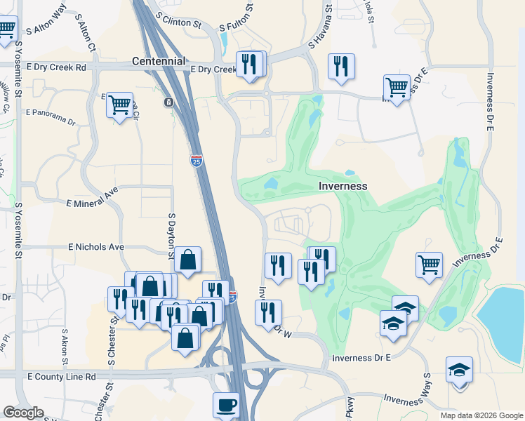 map of restaurants, bars, coffee shops, grocery stores, and more near 171 Inverness Drive West in Englewood