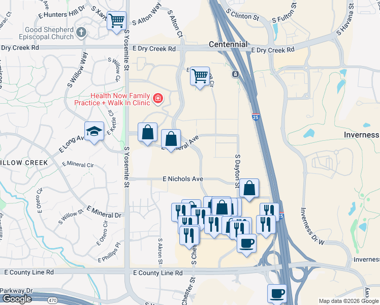 map of restaurants, bars, coffee shops, grocery stores, and more near 7917-7999 S Chester St in Centennial