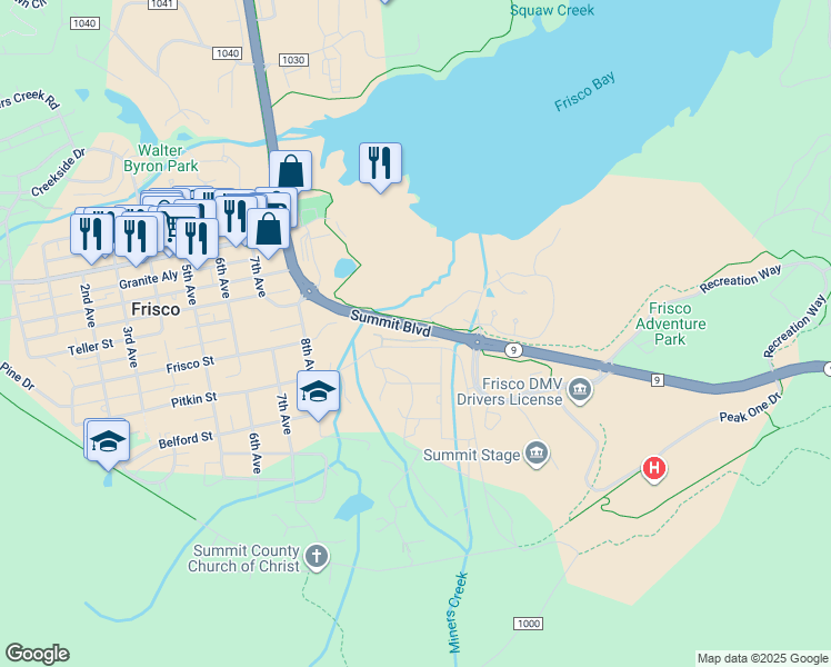 map of restaurants, bars, coffee shops, grocery stores, and more near 114 Stellar Jay Road in Silverthorne