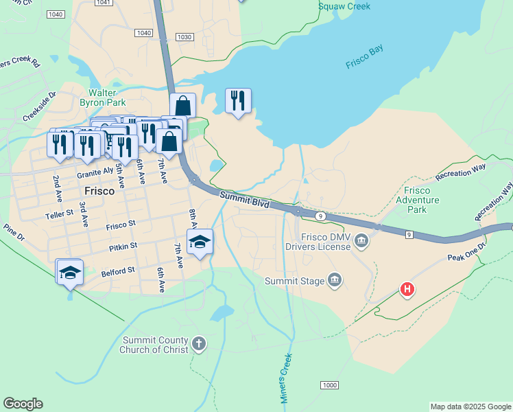 map of restaurants, bars, coffee shops, grocery stores, and more near 114 Stellar Jay Road in Silverthorne