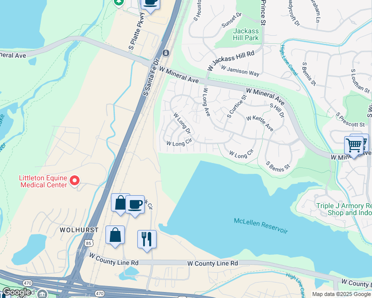 map of restaurants, bars, coffee shops, grocery stores, and more near 2880 West Long Circle in Littleton