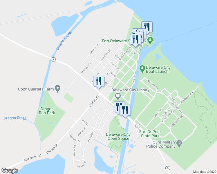 map of restaurants, bars, coffee shops, grocery stores, and more near 401 Clinton Street in Delaware City