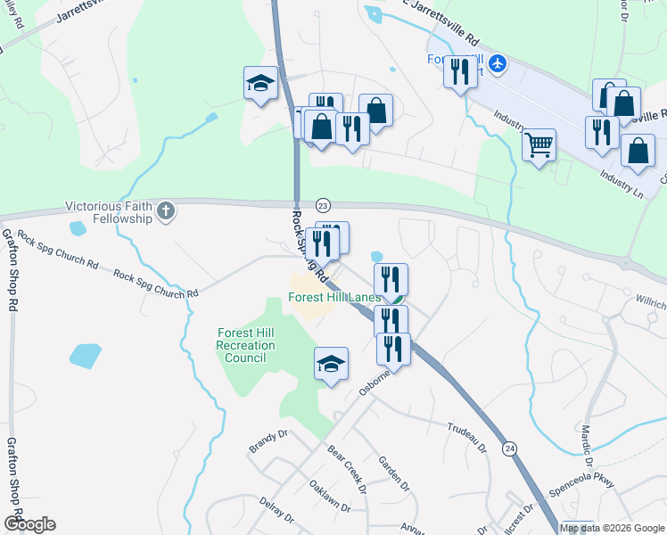 map of restaurants, bars, coffee shops, grocery stores, and more near 2017 Rock Spring Road in Bel Air North