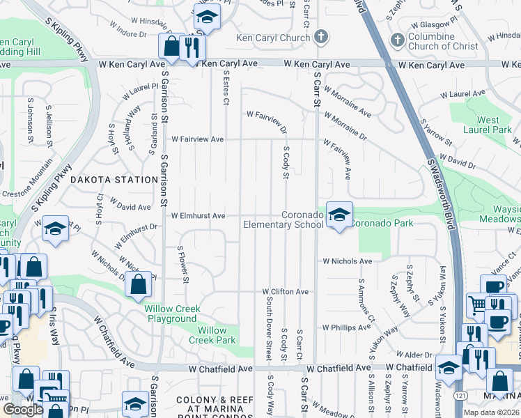 map of restaurants, bars, coffee shops, grocery stores, and more near 7898 South Dudley Street in Littleton