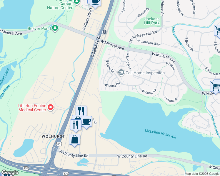 map of restaurants, bars, coffee shops, grocery stores, and more near 2886 West Long Circle in Littleton