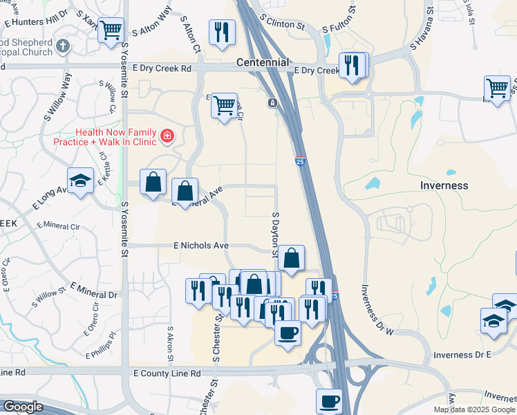 map of restaurants, bars, coffee shops, grocery stores, and more near in Centennial