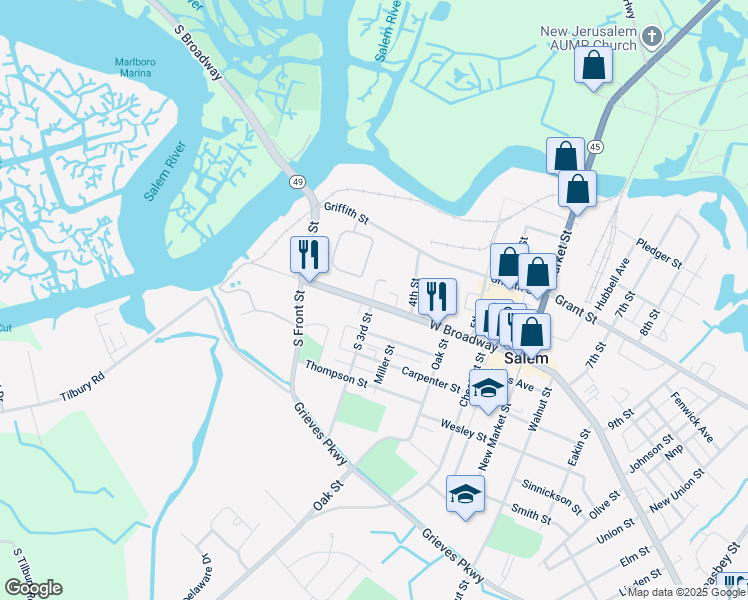 map of restaurants, bars, coffee shops, grocery stores, and more near 76 West Broadway in Salem