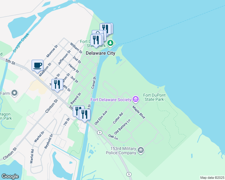 map of restaurants, bars, coffee shops, grocery stores, and more near 1306 Officers Row in Delaware City