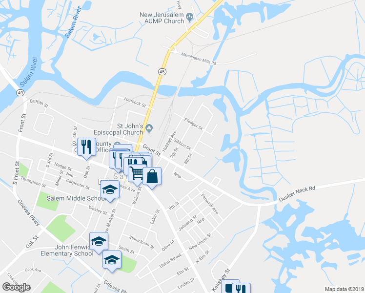 map of restaurants, bars, coffee shops, grocery stores, and more near 102-104 7th Street in Salem