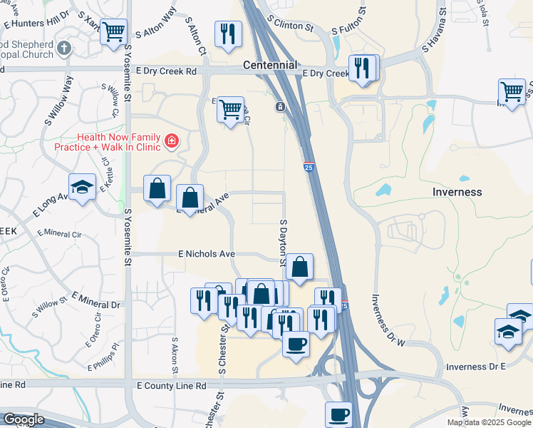 map of restaurants, bars, coffee shops, grocery stores, and more near in Centennial