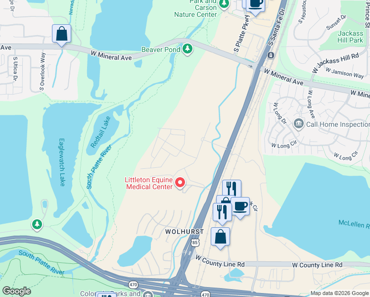 map of restaurants, bars, coffee shops, grocery stores, and more near 7748 South Irving Street in Littleton