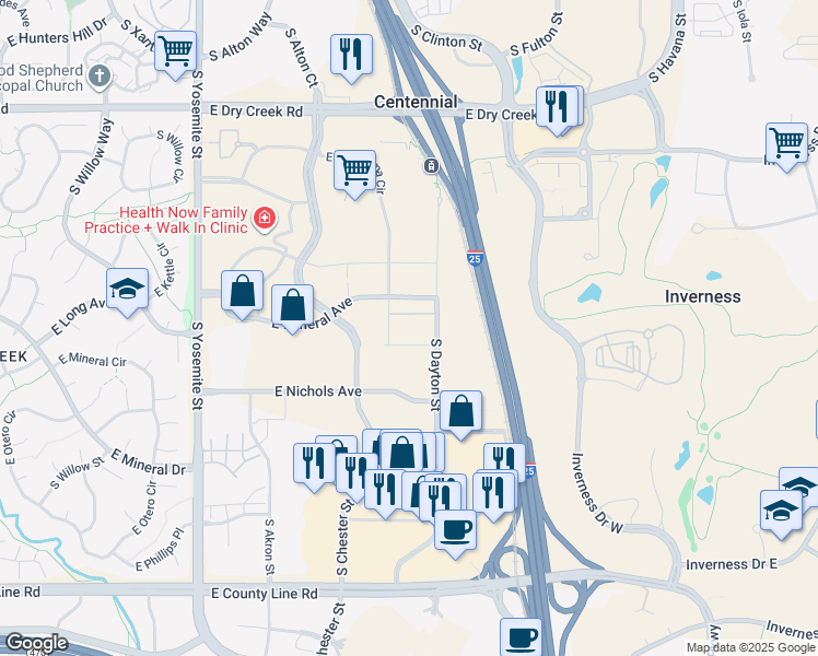 map of restaurants, bars, coffee shops, grocery stores, and more near in Centennial