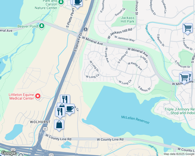 map of restaurants, bars, coffee shops, grocery stores, and more near 2871 West Long Drive in Littleton