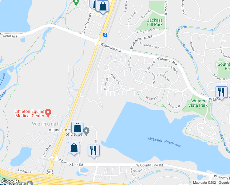 map of restaurants, bars, coffee shops, grocery stores, and more near 2889 West Long Circle in Littleton