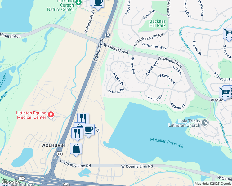 map of restaurants, bars, coffee shops, grocery stores, and more near 2889 West Long Circle in Littleton