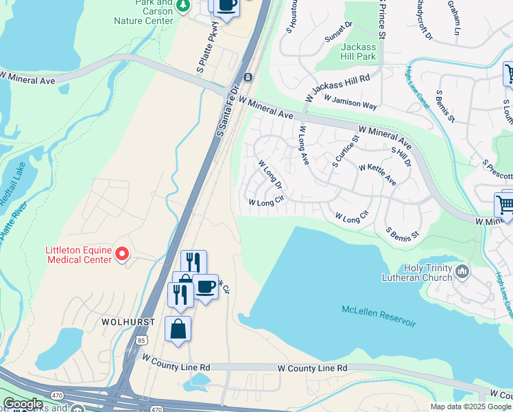 map of restaurants, bars, coffee shops, grocery stores, and more near 2889 West Long Circle in Littleton