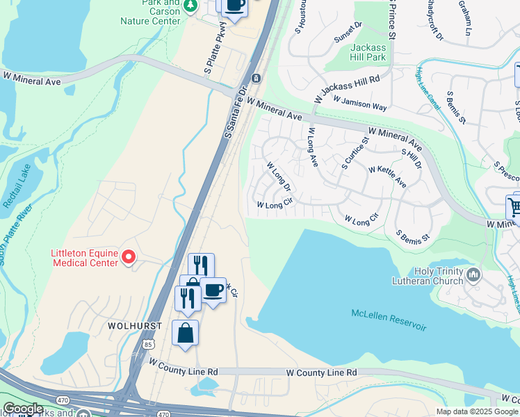map of restaurants, bars, coffee shops, grocery stores, and more near 2889 West Long Circle in Littleton