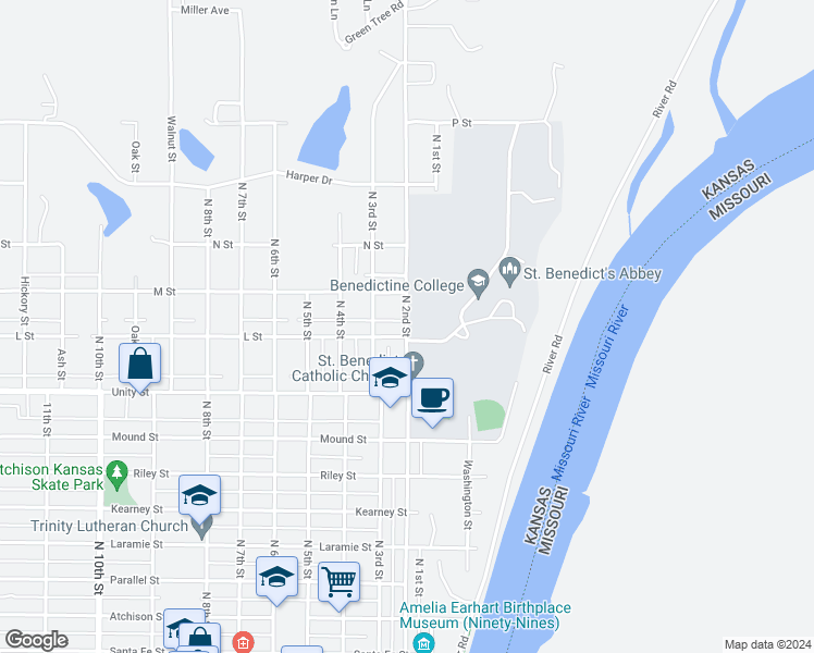 map of restaurants, bars, coffee shops, grocery stores, and more near North 2nd Street in Atchison