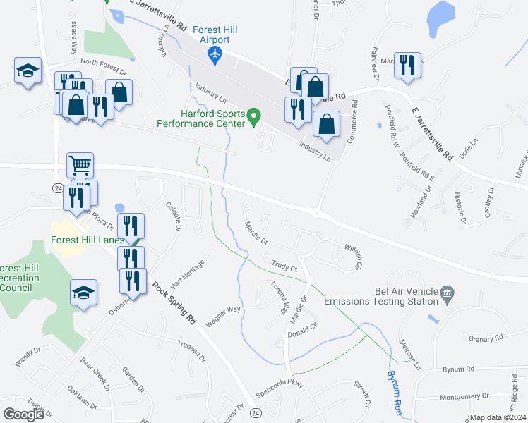 map of restaurants, bars, coffee shops, grocery stores, and more near 312 Betty Court in Forest Hill