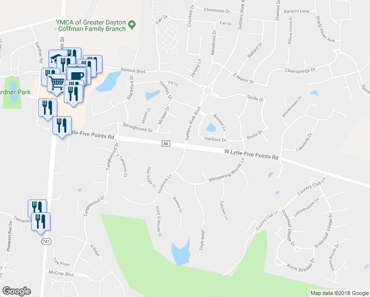 map of restaurants, bars, coffee shops, grocery stores, and more near 8699 Innsbrook Lane in Springboro