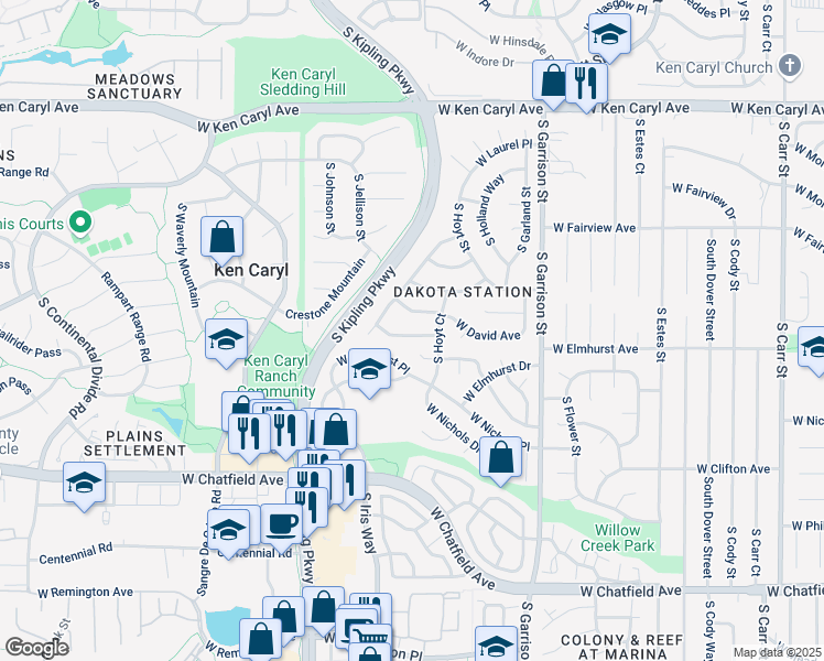 map of restaurants, bars, coffee shops, grocery stores, and more near 9583 West David Place in Littleton