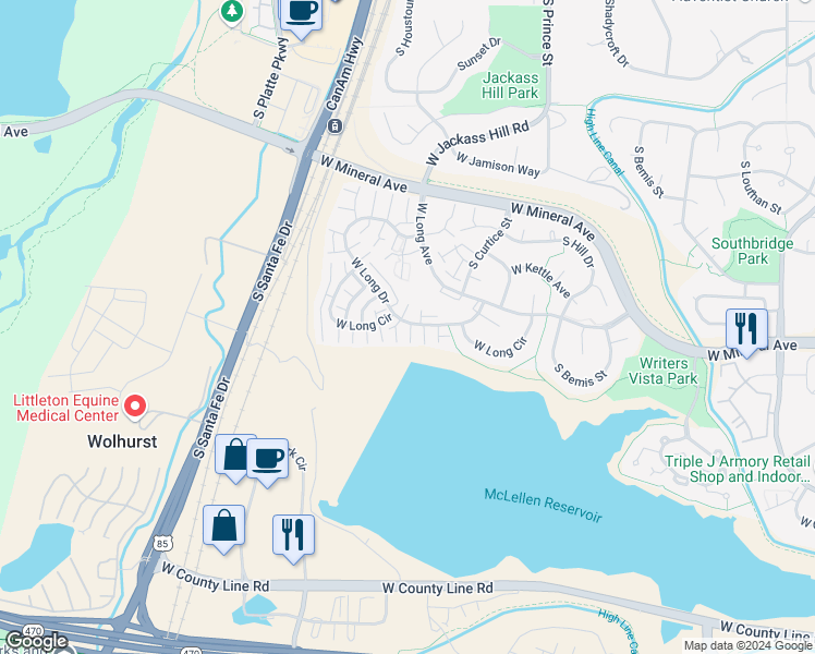 map of restaurants, bars, coffee shops, grocery stores, and more near 2871 West Long Drive in Littleton