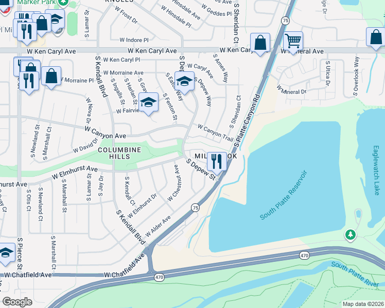 map of restaurants, bars, coffee shops, grocery stores, and more near 7908 South Depew Street in Littleton