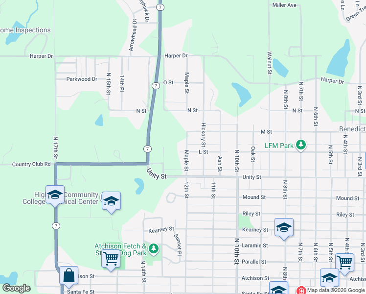 map of restaurants, bars, coffee shops, grocery stores, and more near 1112 Maple Street in Atchison