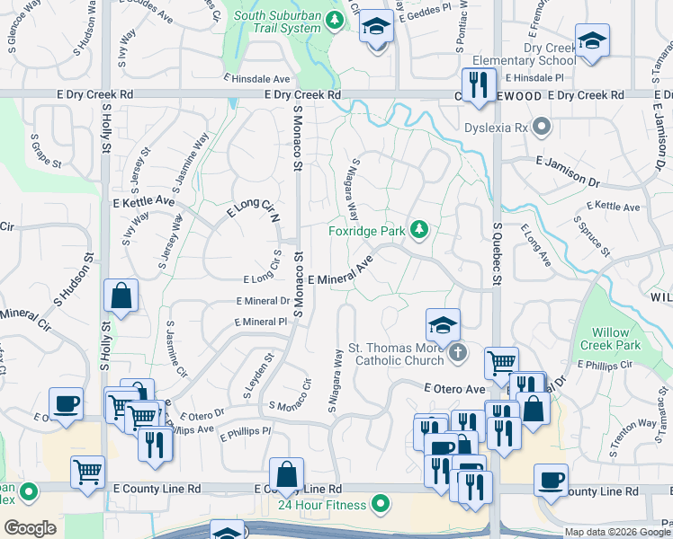 map of restaurants, bars, coffee shops, grocery stores, and more near 7888 South Magnolia Way in Englewood