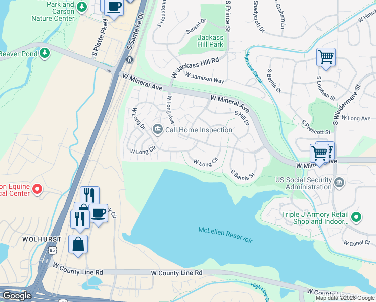 map of restaurants, bars, coffee shops, grocery stores, and more near West Long Circle in Littleton